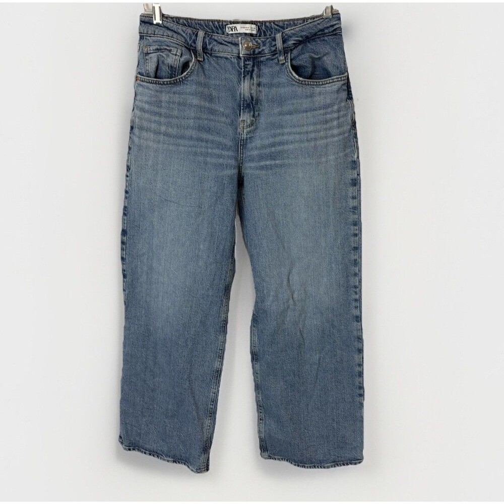 Zara Jeans Sz 6 Blue Denim Wide Leg High Rise Crop Jeans 90s Classic Capsule